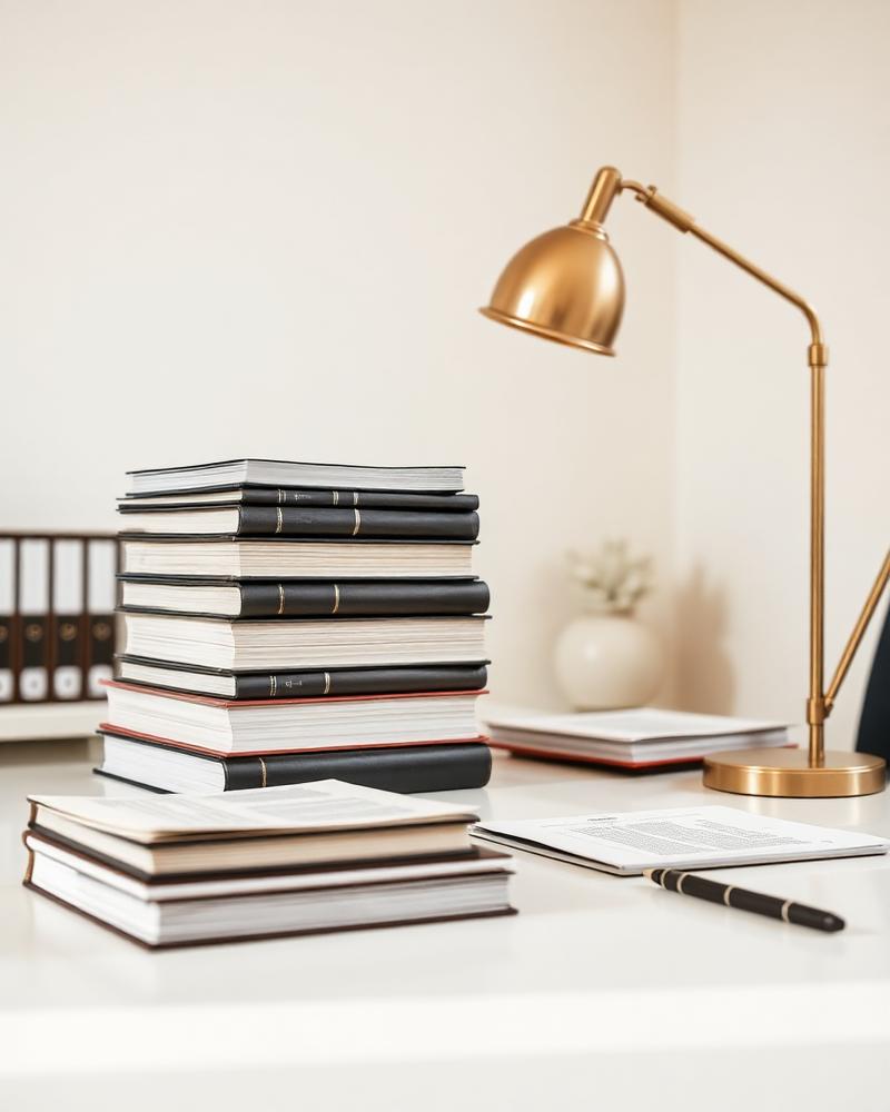 Law office desk with legal books and documents